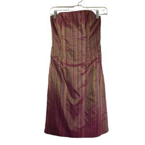NICOLE MILLER Size 0 Pink, Maroon, Green Stripe Silk Strapless Bodycon Dress